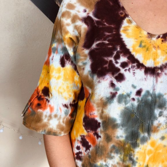 Fall Tone Custom Tie Dye Flare Sleeve Bohemian Peasant 3/4 Sleeve Top - Picture 6 of 10